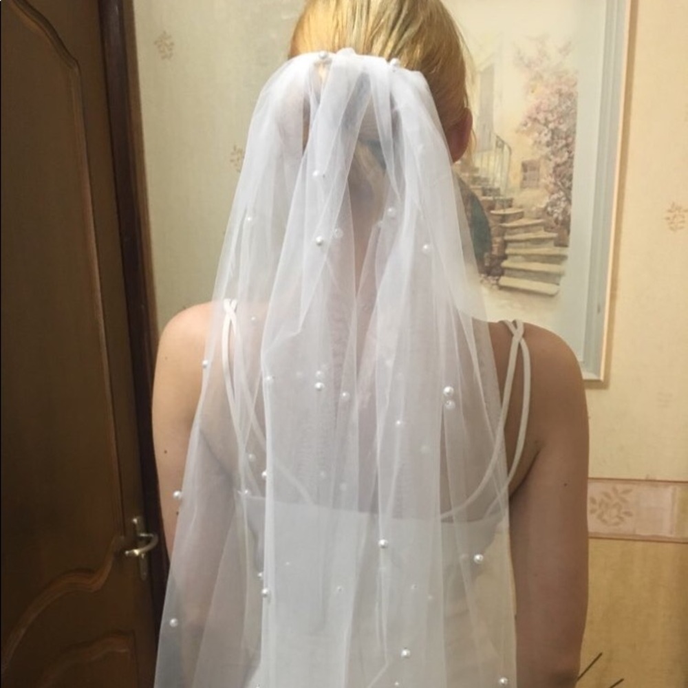 Bridal pearl pearls veil white finger tip length - Picture 6 of 9